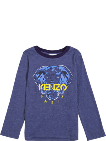 Kenzo Kids Long-sleeved Blue Cotton T-shirt With Logo Print