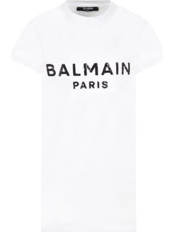 Balmain White Dress For Girl With Black Logo
