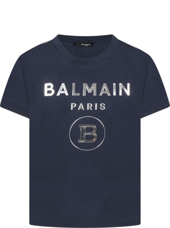 Balmain Blue T-shirt For Kids With Double Silver Logo