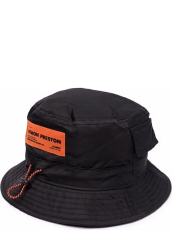 HERON PRESTON Bucket Hat In Black Nylon With Pockets, Logo Patch And Drawstring