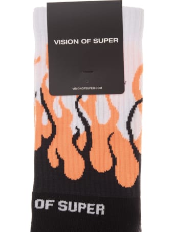 Vision of Super Yellow Socks With Double Black And Orange Flame