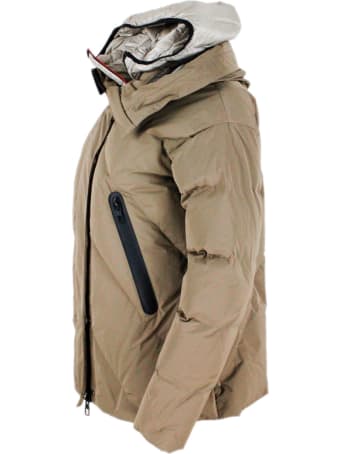 Montecore Down Jacket In Real Goose Down With Chevron Pattern With Diamond Quilting, With Double Hood With The Internal One With Detachable Front