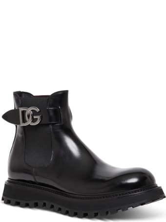 Dolce & Gabbana Glossy Black Leather Boots With Logo