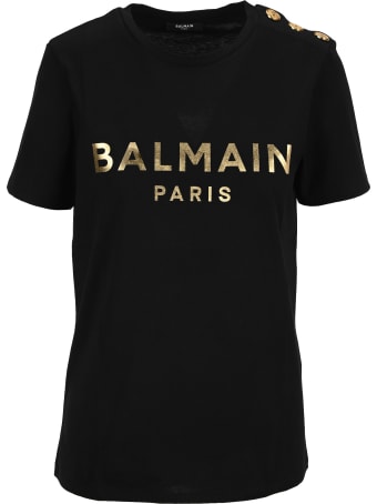 Balmain Black Cotton T-shirt With Bronze Logo Print