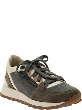 Brunello Cucinelli Runners In Suede, Virgin Wool And Textured Leather With 'precious Insert'