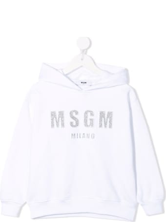 MSGM Kids White Hoodie With Silver Glitter Logo