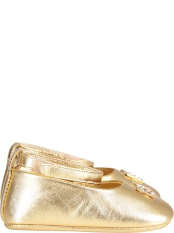 Dolce & Gabbana Gold Ballerina Shoes For Babygirl With Metallic Logo