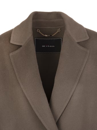 Kiton Woman Long Double-breasted Coat In Brown Cashmere