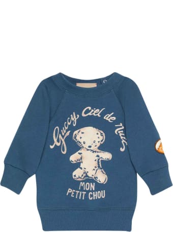 Gucci Marmont Blue Sweatshirt With Central Multicolor Press And Round Collar