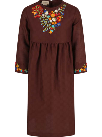 Gucci Brown Dress For Girl With Colorful Flowers