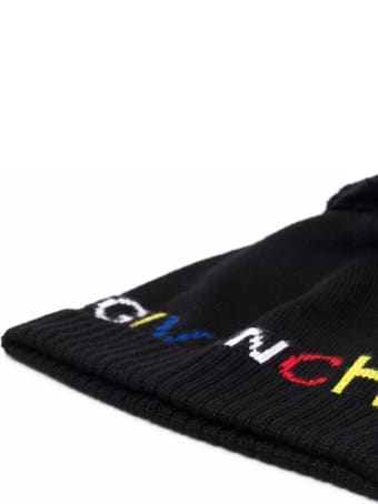 Givenchy Baby Black Hat With Pompon And Inlaid Multicolor Logo