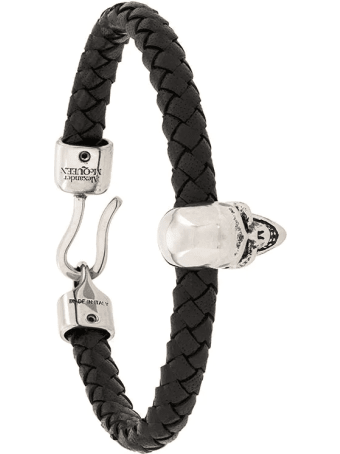 Alexander McQueen Man Black And Silver Skull Bracelet In Braided Leather