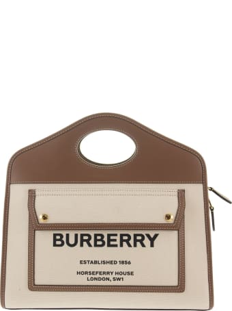 Burberry Small Pocket Tote In Two-tone Canvas And Leather