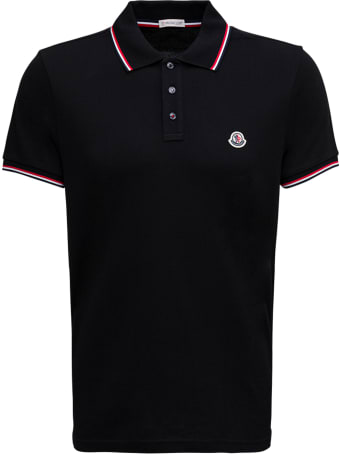 Moncler Black Cotton Piqet Polo Shirt With Logo Patch