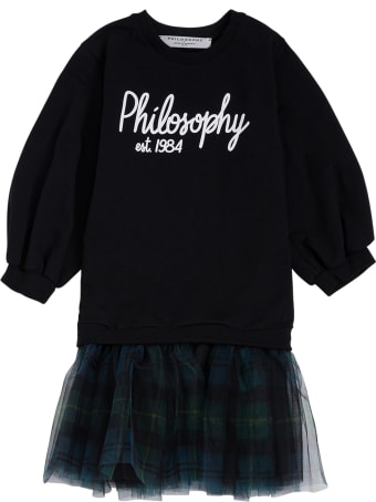 Philosophy di Lorenzo Serafini Kids Black Cotton And Tulle Check Dress With Logo Print