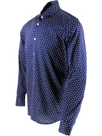 Sonrisa Luxury Shirt In Soft, Precious And Very Fine Stretch Cotton Flower With French Collar In Two-tone Grain Of Rice Print