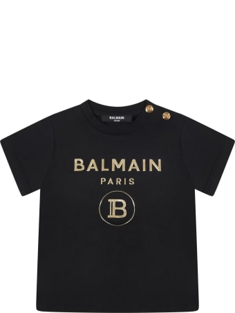 Balmain Black T-shirt For Babykids With Double Golden Logo