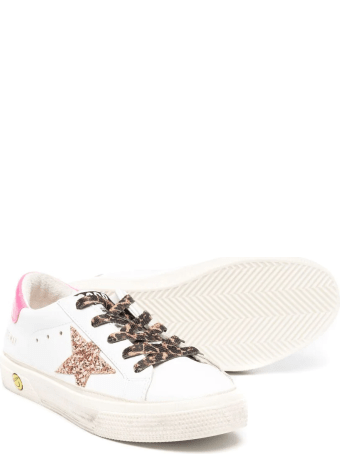 Golden Goose Kid White Super-star Sneakers With Fuchsia Spoiler, Leopard Laces And Pink Glitter Star