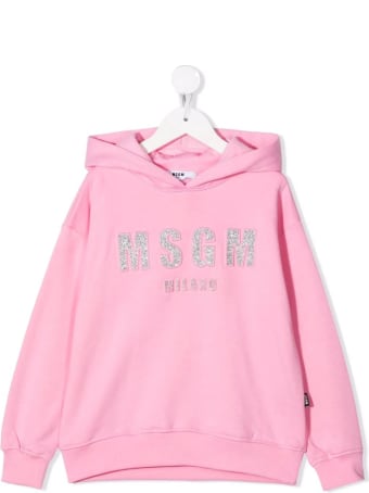 MSGM Kids Pink Hoodie With Silver Glitter Logo
