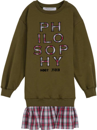 Philosophy di Lorenzo Serafini Kids Green Cotton And Tulle Check Dress With Logo