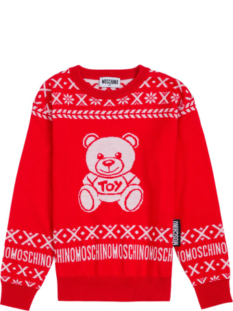Moschino Red Wool Sweater With Teddy Bear Print