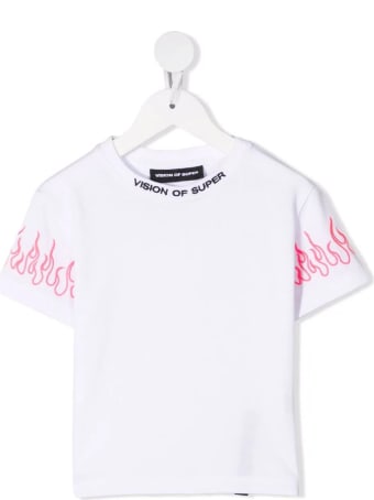 Vision of Super Unisex Kid White T-shirt With Embroidered Pink Flames