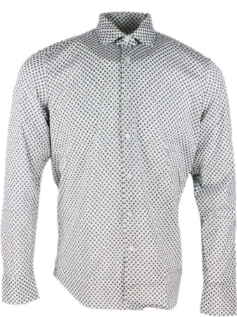 Sonrisa Luxury Shirt In Soft, Precious And Very Fine Stretch Cotton Flower With French Collar In Trefoil Print In Contrasting Color