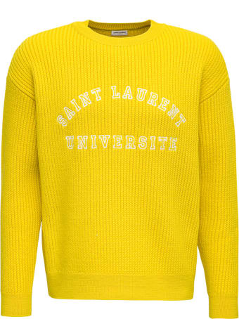 Saint Laurent Yellow Ribbed Wool Sweater With Logo Print