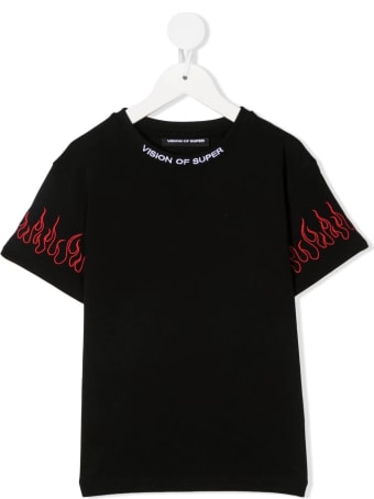 Vision of Super Unisex Kid Black T-shirt With Embroidered Red Flames