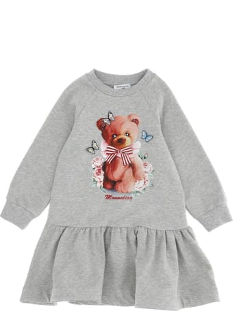 Monnalisa Grey Cotton Dress With Teddy Bear Print
