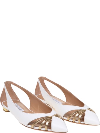 Aquazzura Cece Ballerina In White And Gold Leather
