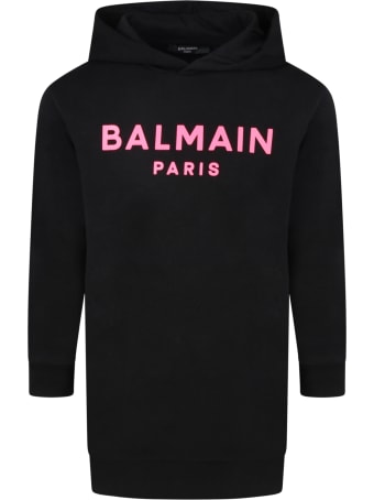 Balmain Black Dress For Girl With Fucshia Logo