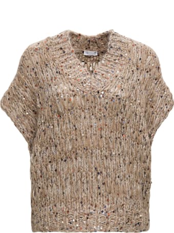 Brunello Cucinelli Brown Mohair Blend Vest With Sequins