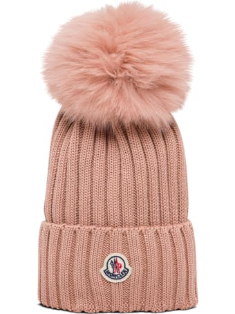 Moncler Pink Wool Hat With Pom Pon Detail And Logo Patch