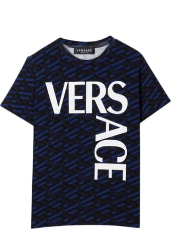 Versace Blue And Black T-shirt With Print And Logo Verscae Kids