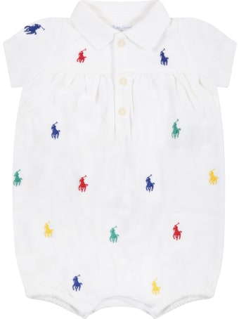 Ralph Lauren White Romper For Baby Girl With Pony Logos
