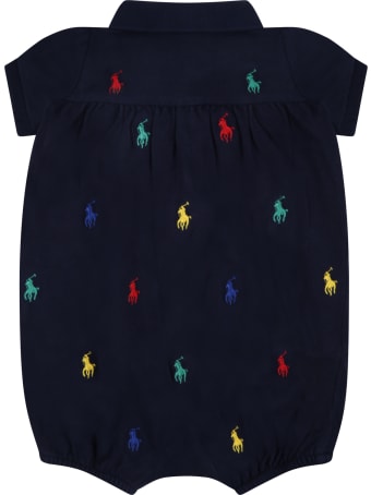 Ralph Lauren Blue Romper For Baby Girl With Pony Logos