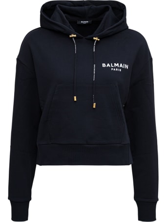 Balmain Cropped Black Hoodie With Flocked Logo