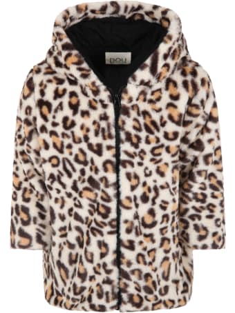 Douuod Beige Coat For Girl With Animalier Details