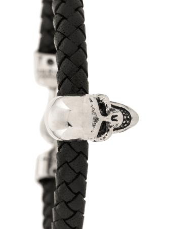 Alexander McQueen Man Black And Silver Skull Bracelet In Braided Leather