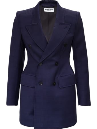 Balenciaga Double-breasted Blue Check Wool Blazer