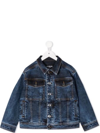 Balmain Kids Dark Blue Denim Jacket With Embossed Logo