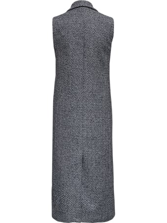 Tonello Sleeveless Grey Long Coat In Herringbone Wool