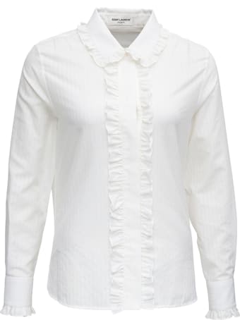 Saint Laurent White Cotton And Silk Shirt With Frills Detail