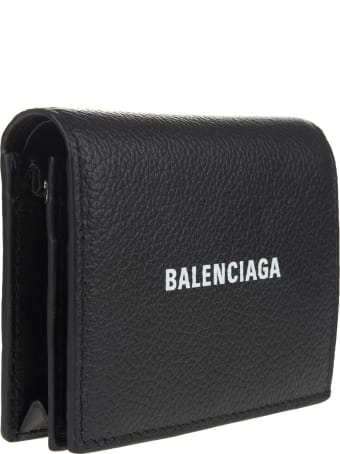Balenciaga Black Folding Wallet In Textured Leather With Logo