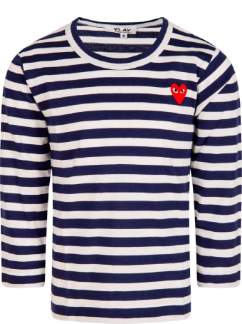 Comme des Garçons Play White And Blue Striped T-shirt With Heart For Kids
