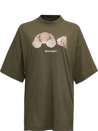 Palm Angels Military Green T-shirt With Front Bear Print