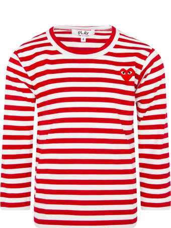 Comme des Garçons Play White And Red Striped T-shirt With Heart For Kids