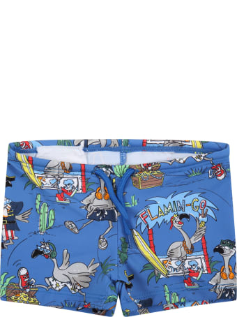 Stella McCartney Kids Blue Swim Short For Baby Boy With Grey Flamingos