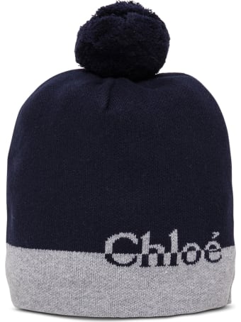 Chloé Blue And Grey Wool Hat With Logo